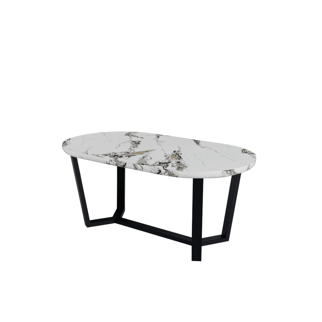Rectangular Marble Dining Table 1.8×1.0m | Black Metal Splay-Leg Base (Rounded Top)