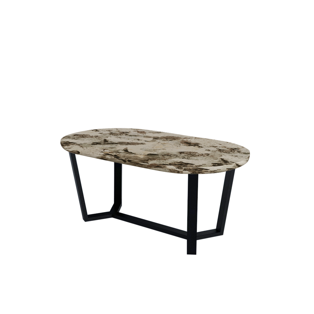 Rectangular Marble Dining Table 1.8×1.0m | Black Metal Splay-Leg Base (Rounded Top)
