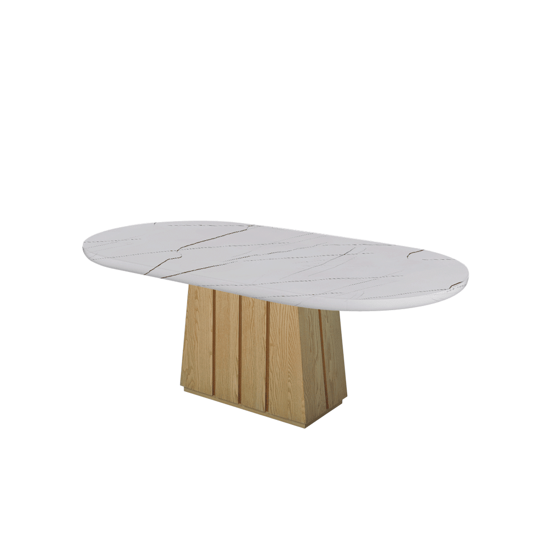 Oval Marble Dining Table 2.1×1.1m | Ash Wood Panel Base