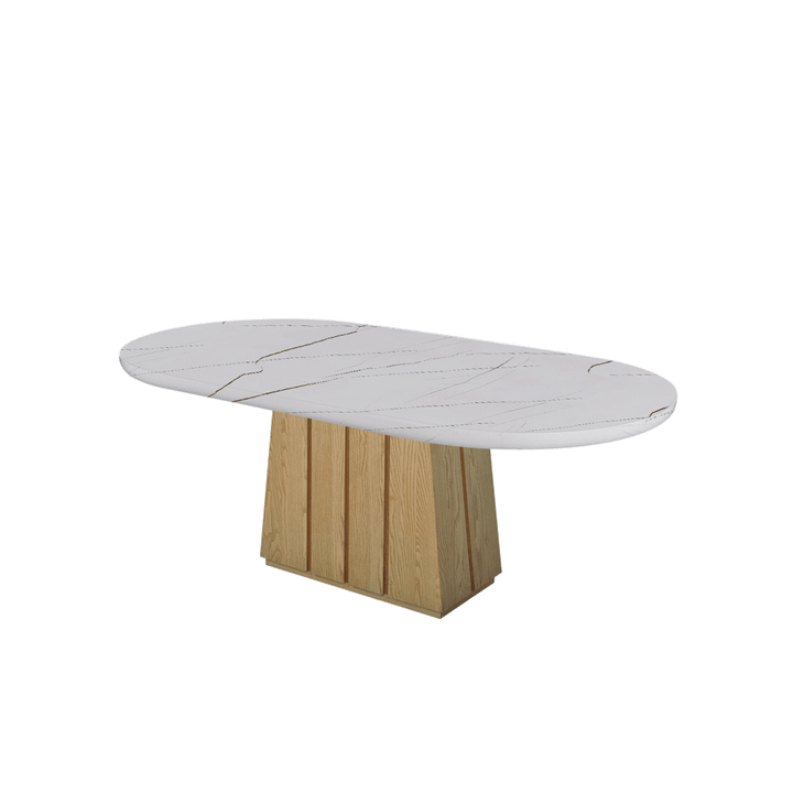 Oval Marble Dining Table 2.1×1.1m | Ash Wood Panel Base