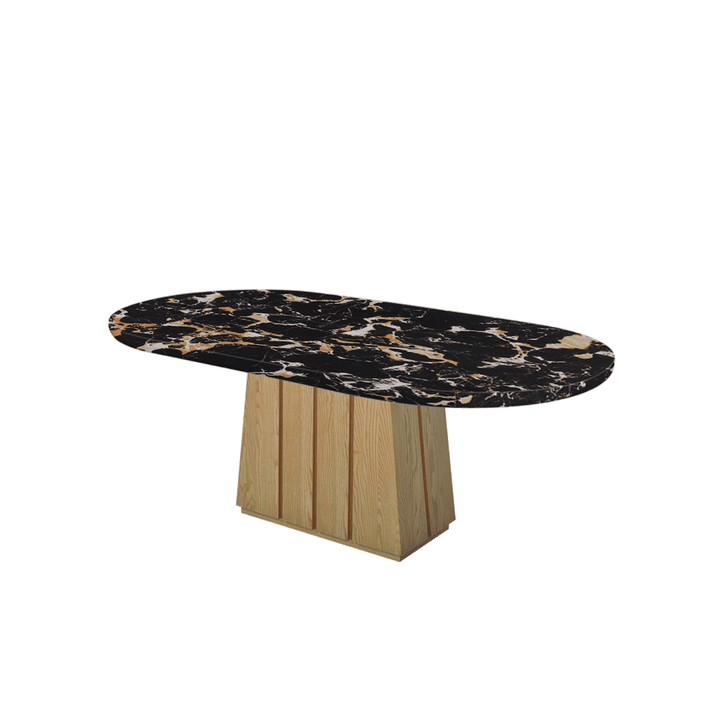 Oval Marble Dining Table 2.1×1.1m | Ash Wood Panel Base
