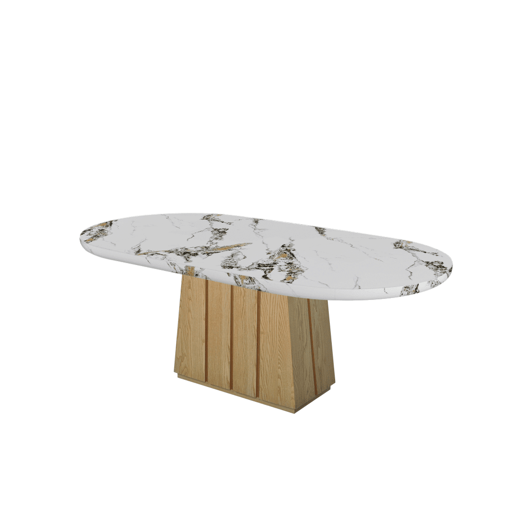 Oval Marble Dining Table 2.1×1.1m | Ash Wood Panel Base