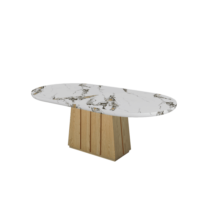 Oval Marble Dining Table 2.1×1.1m | Ash Wood Panel Base