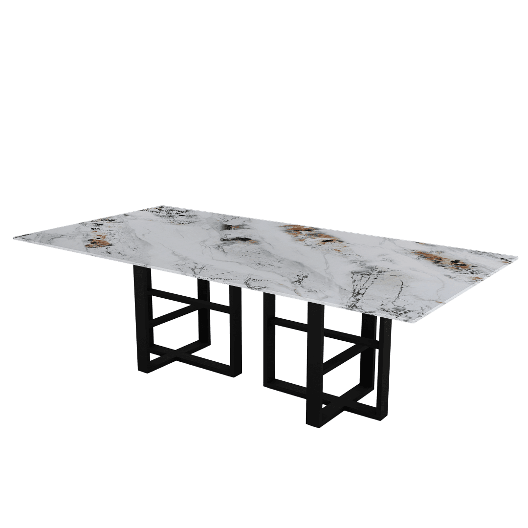Rectangular Marble Dining Table 2.4×1.2m | Black Metal Trestle Base