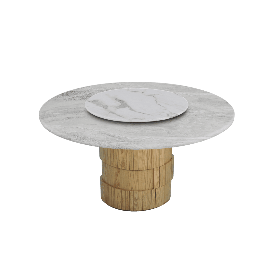 Round Marble Dining Table Ø1.5m | Adeline Ash Wood Drum Base