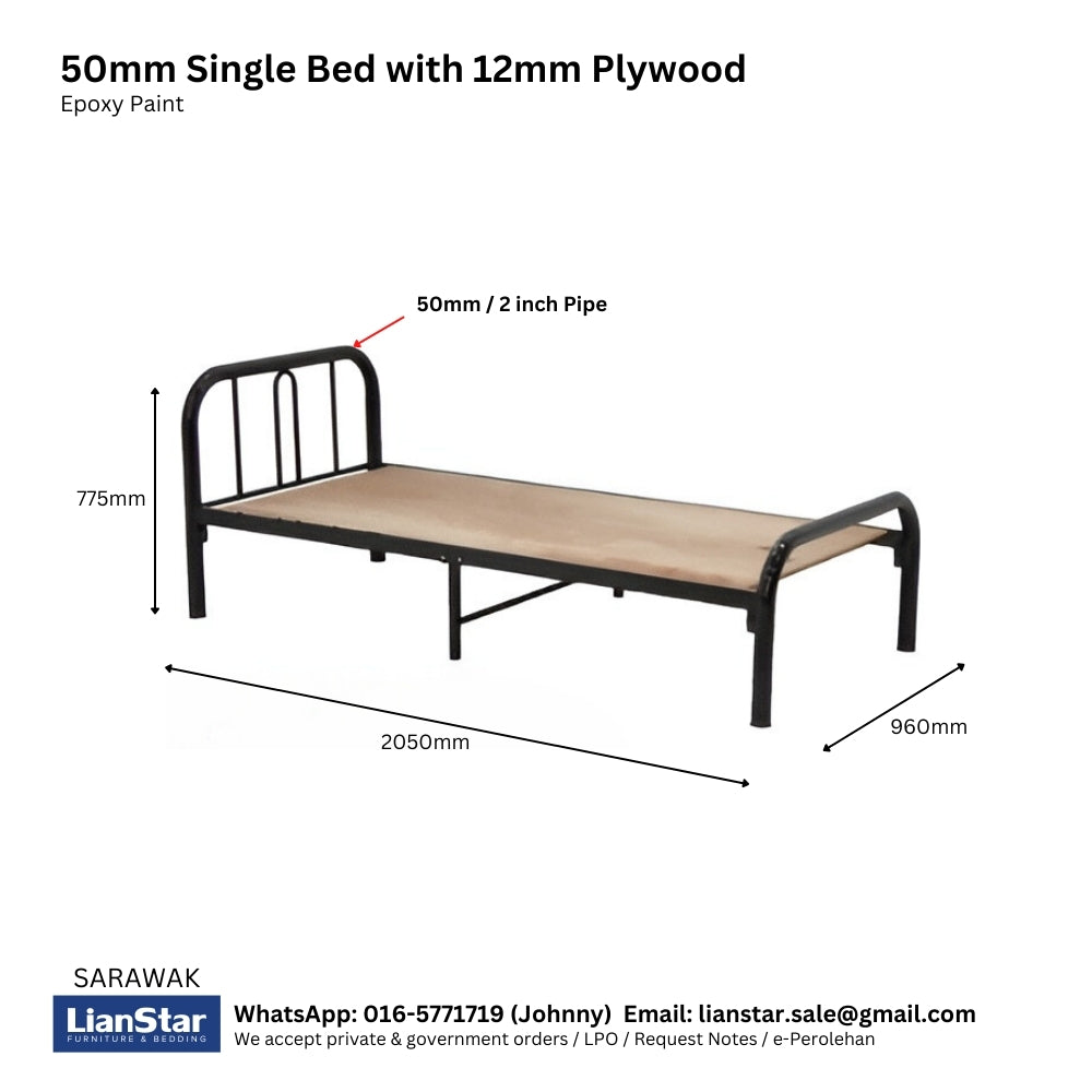 Hostel Single Metal Bed c/w 12mm Plywood